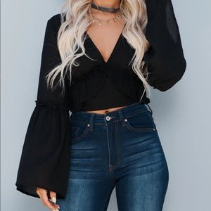 FAVLUX Bell Sleeve Self Tie Crop Top